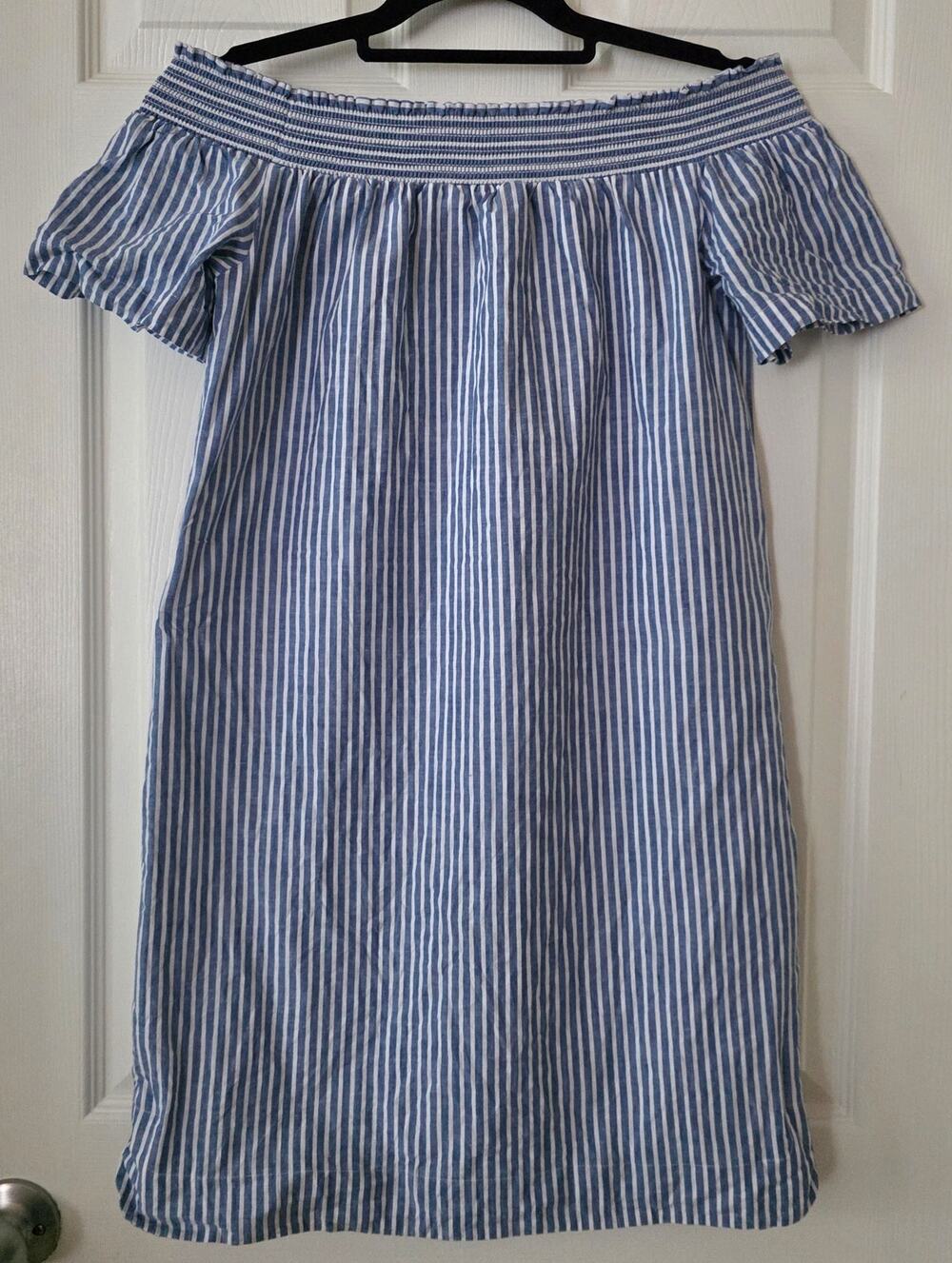 J.Crew Blue/ White Stripe Linen Blend Off The Shoulder Dress Size 0